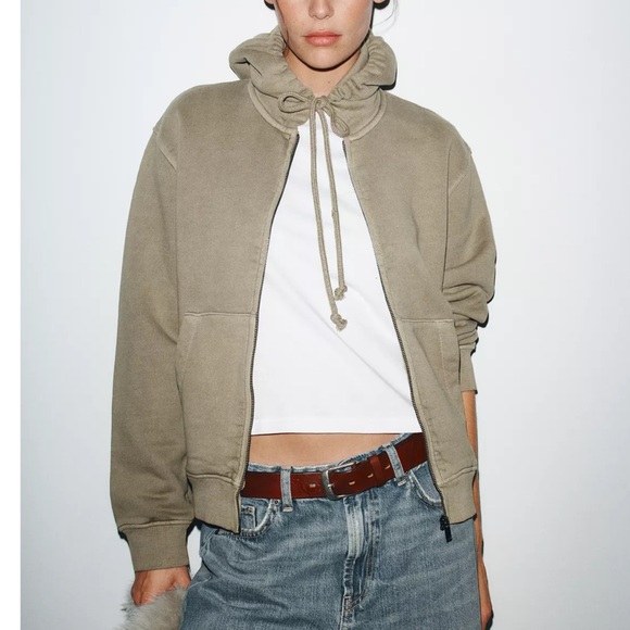 ZARA Washed Effect Hoodie Stone 100% Cotton Size L NWT - Picture 5 of 10